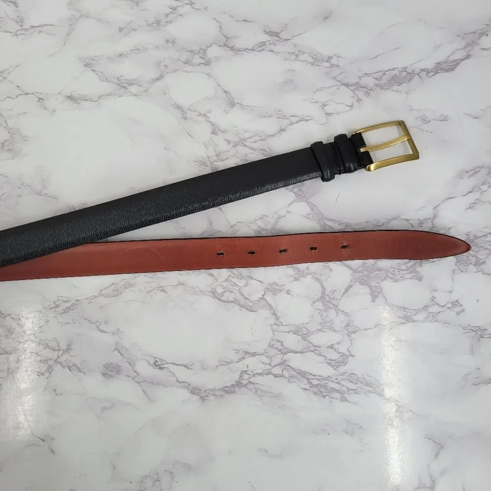 Perry Ellis Men's Black Leather Belt with Gold Buckle